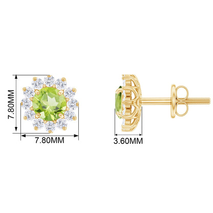 1 CT Peridot and Diamond Flower Halo Stud Earrings