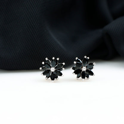 Marquise Shape Black Onyx Floral Statement Stud Earrings