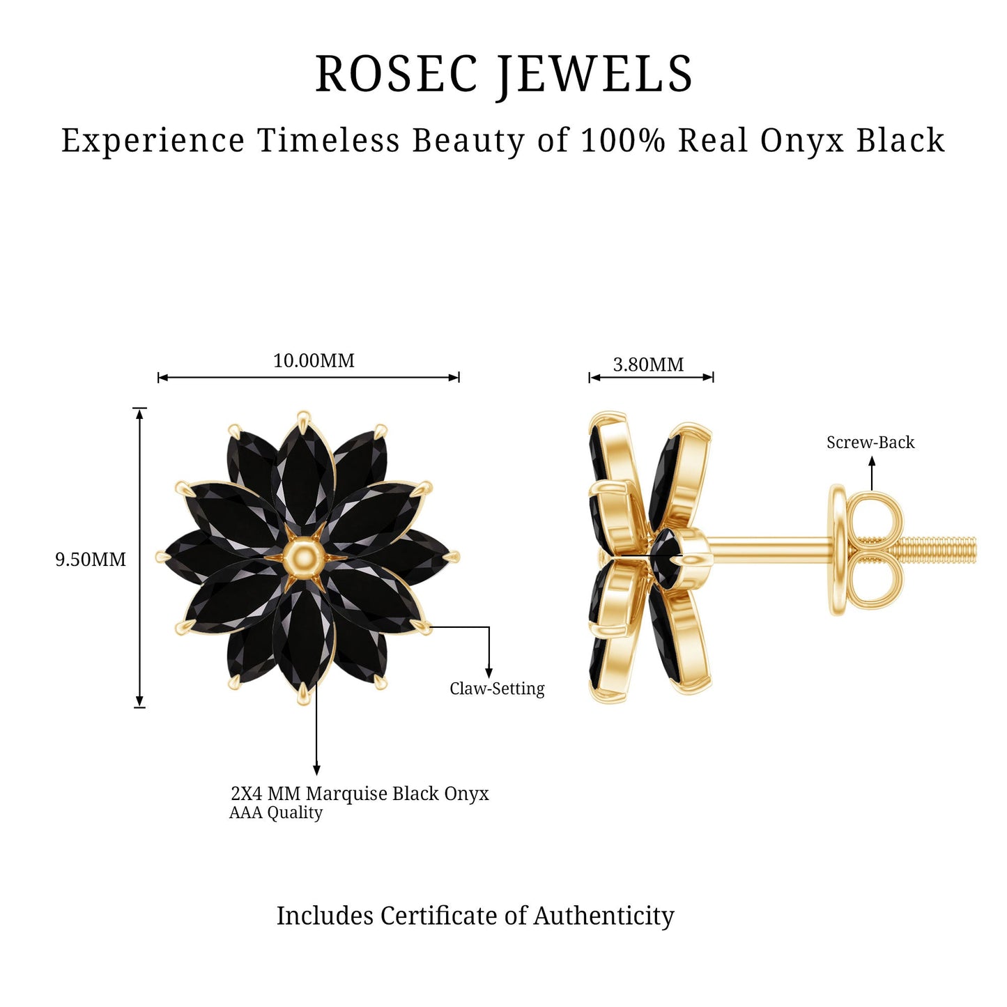 Marquise Shape Black Onyx Floral Statement Stud Earrings