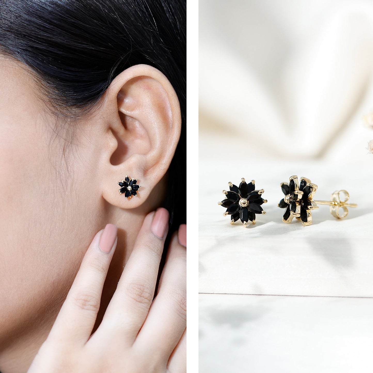 Marquise Shape Black Onyx Floral Statement Stud Earrings