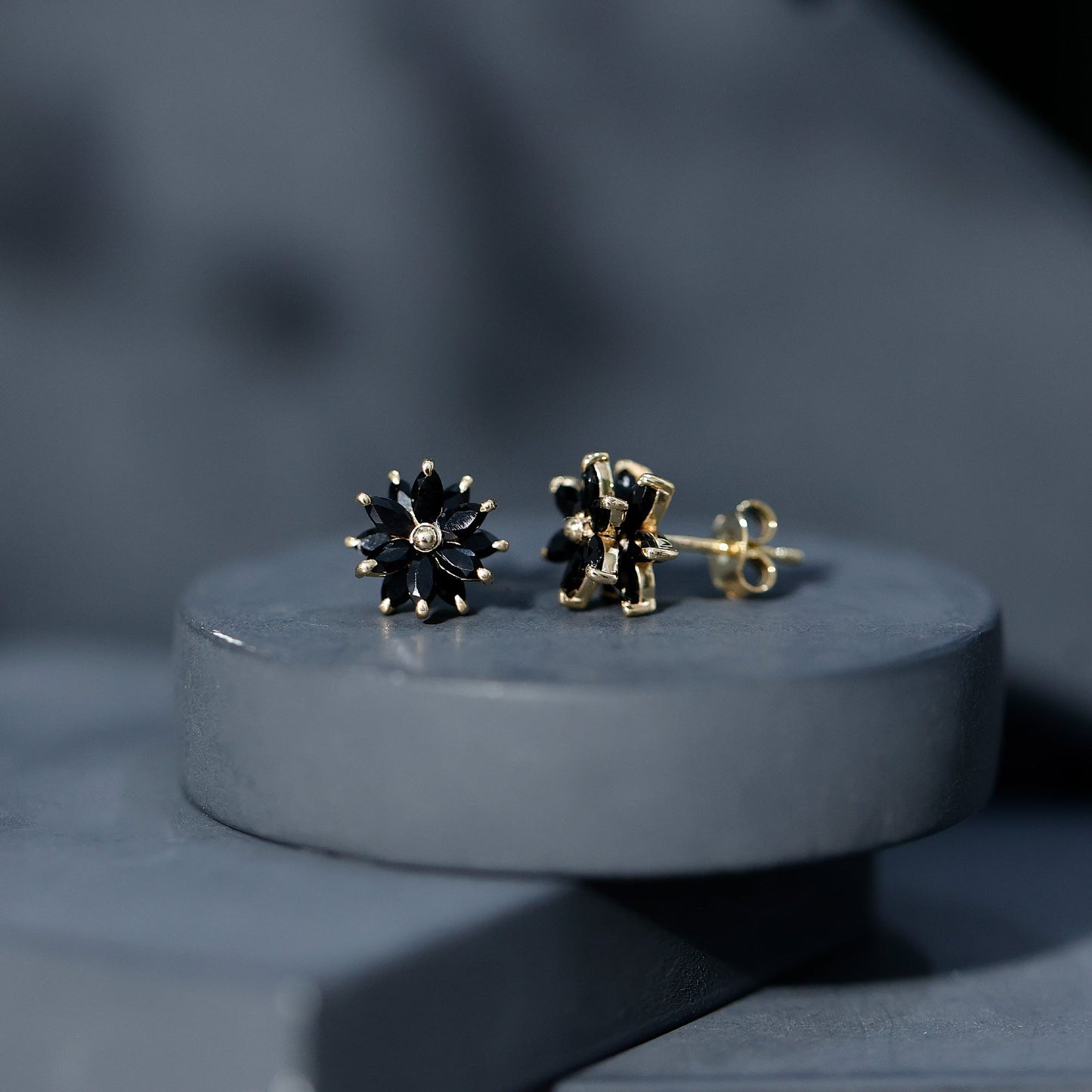 Marquise Shape Black Onyx Floral Statement Stud Earrings