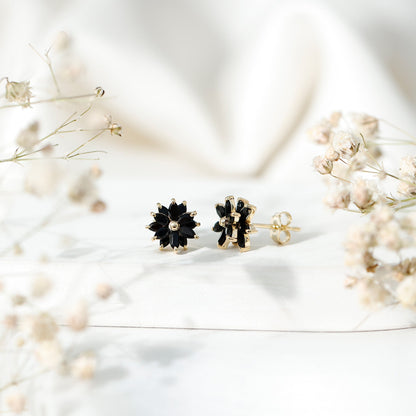 Marquise Shape Black Onyx Floral Statement Stud Earrings