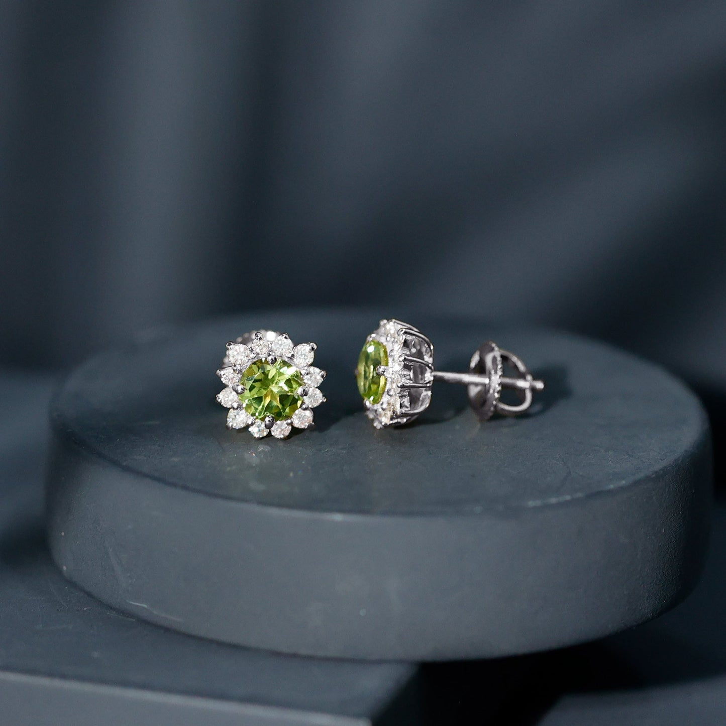 1 Carat Peridot Stud Earrings with Diamond Halo