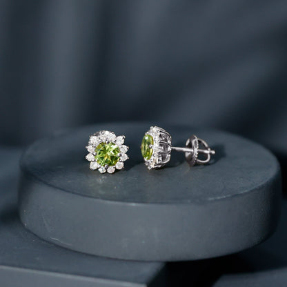 1 Carat Peridot Stud Earrings with Diamond Halo