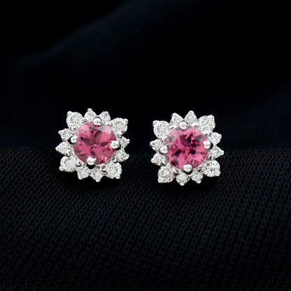 Round Pink Tourmaline Stud Earrings with Diamond Halo
