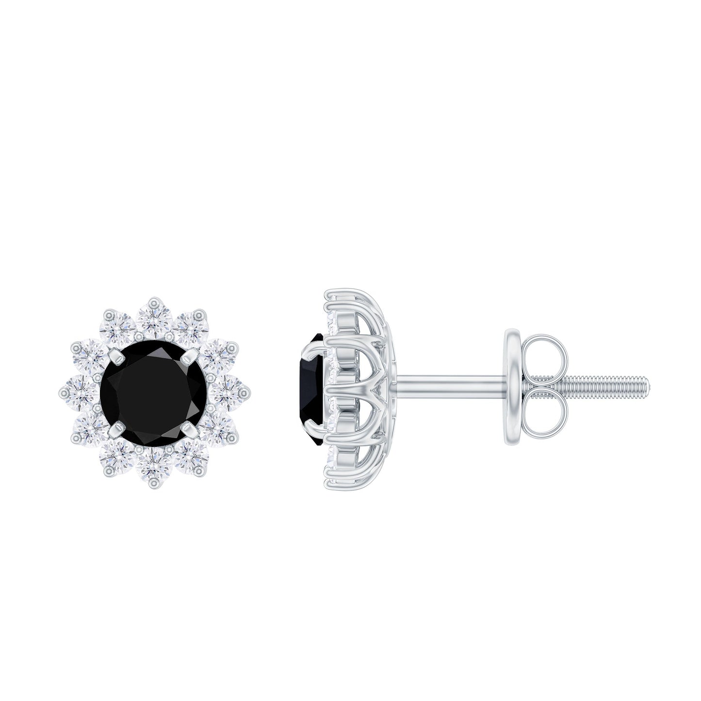 0.9 Carat Black Spinel and Diamond Classic Halo Stud Earrings