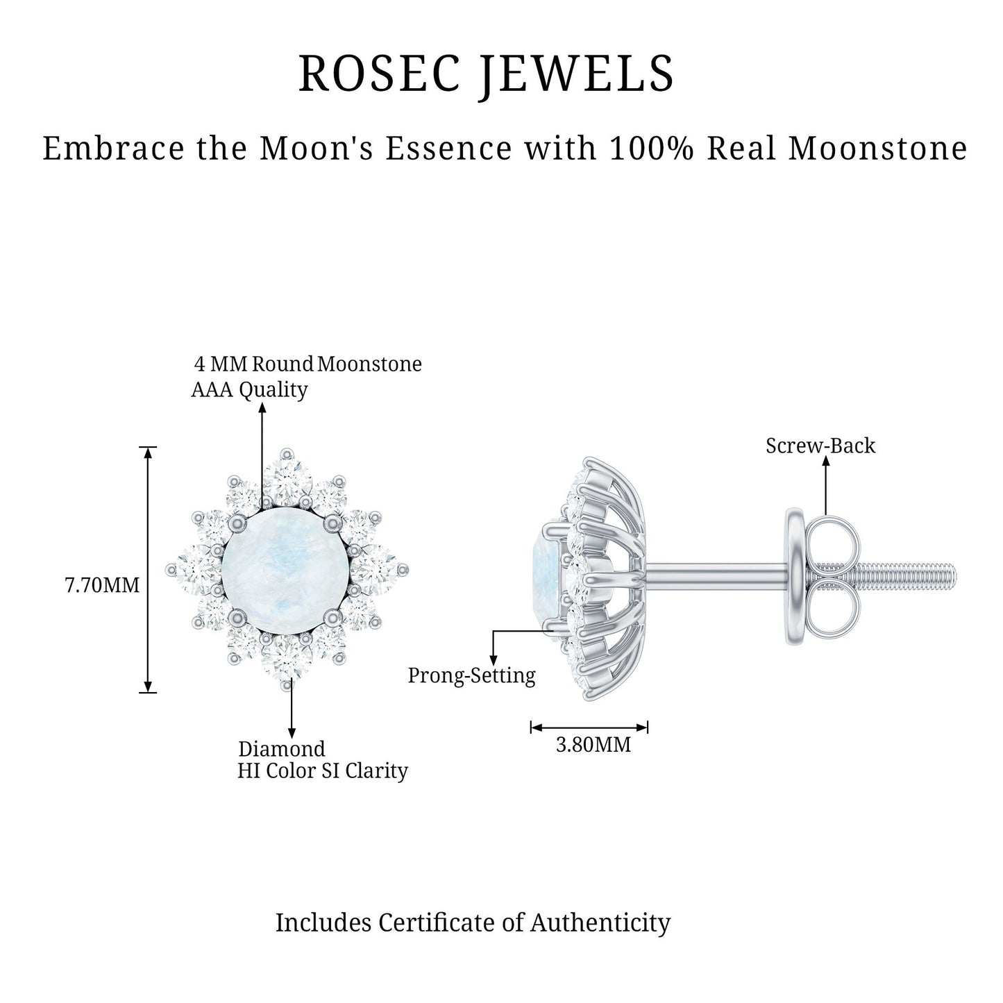 Classic Moonstone Stud Earrings with Diamond Halo