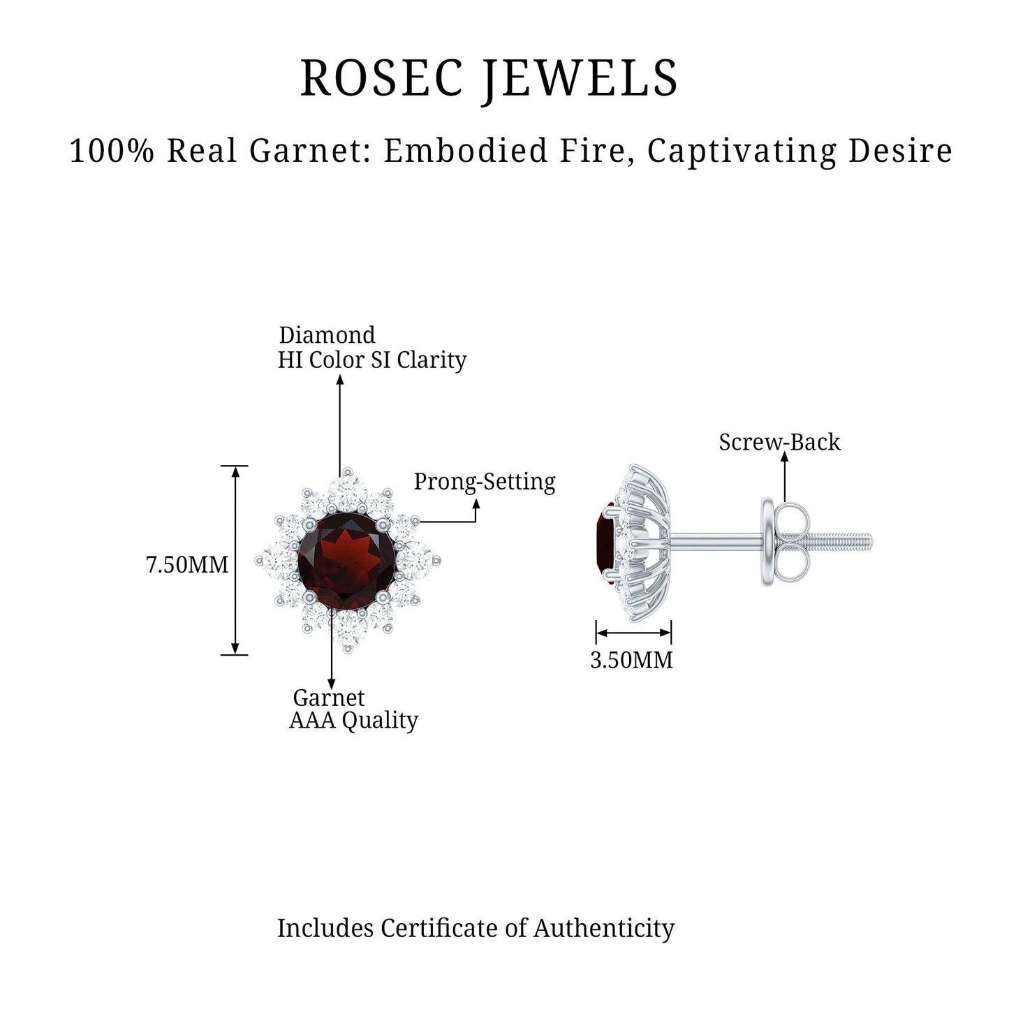 0.6 Carat Garnet Classic Stud Earrings with Diamond Halo