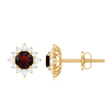 0.6 Carat Garnet Classic Stud Earrings with Diamond Halo
