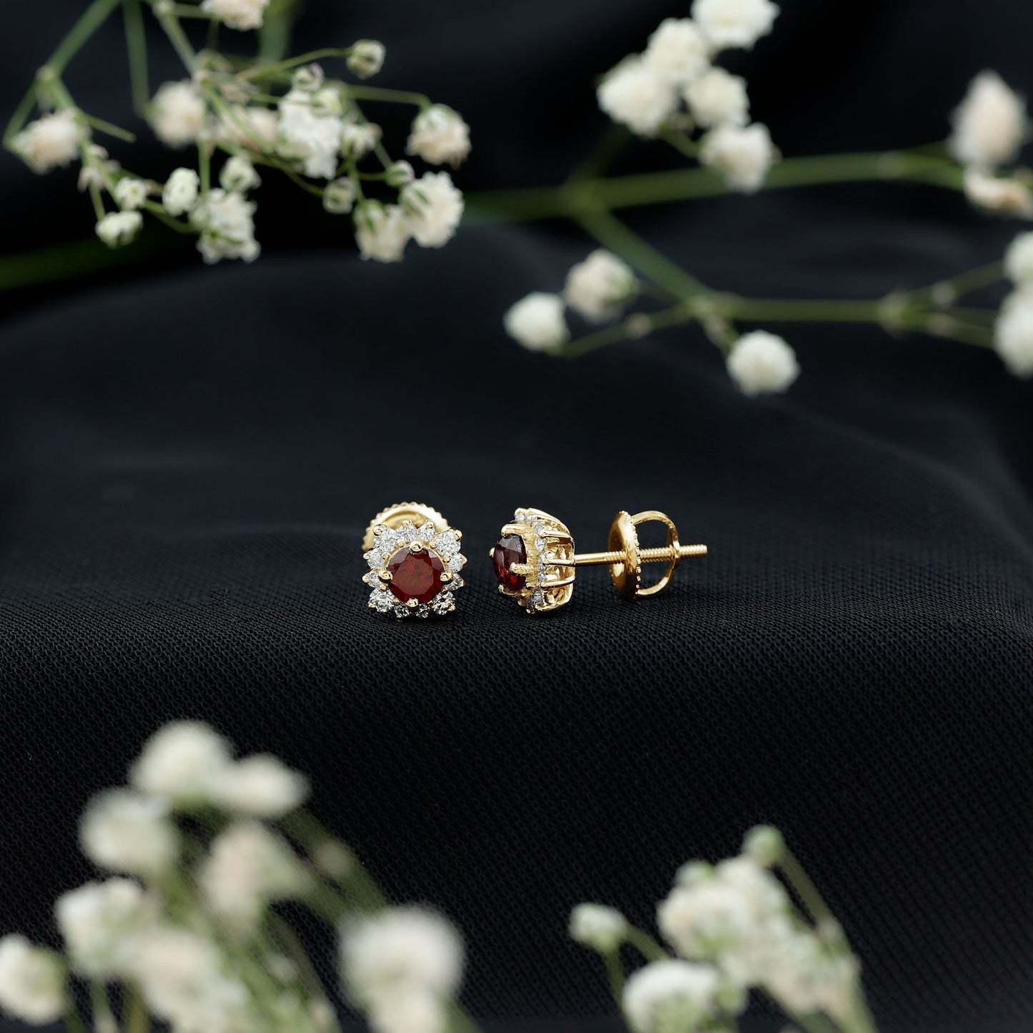 0.6 Carat Garnet Classic Stud Earrings with Diamond Halo