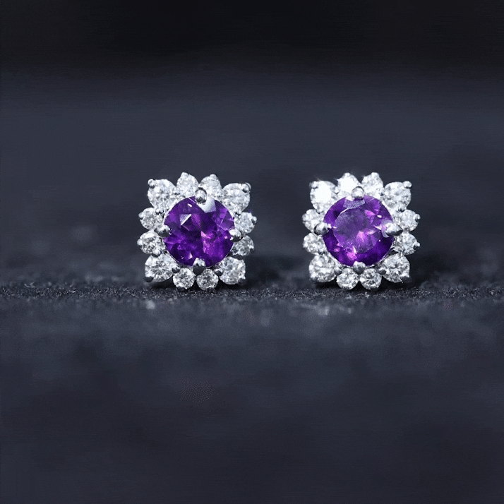 Genuine Amethyst Stud Earrings with Diamond Halo
