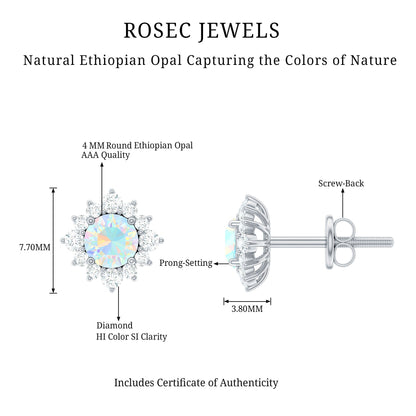 Classic Ethiopian Opal Stud Earrings with Diamond Halo