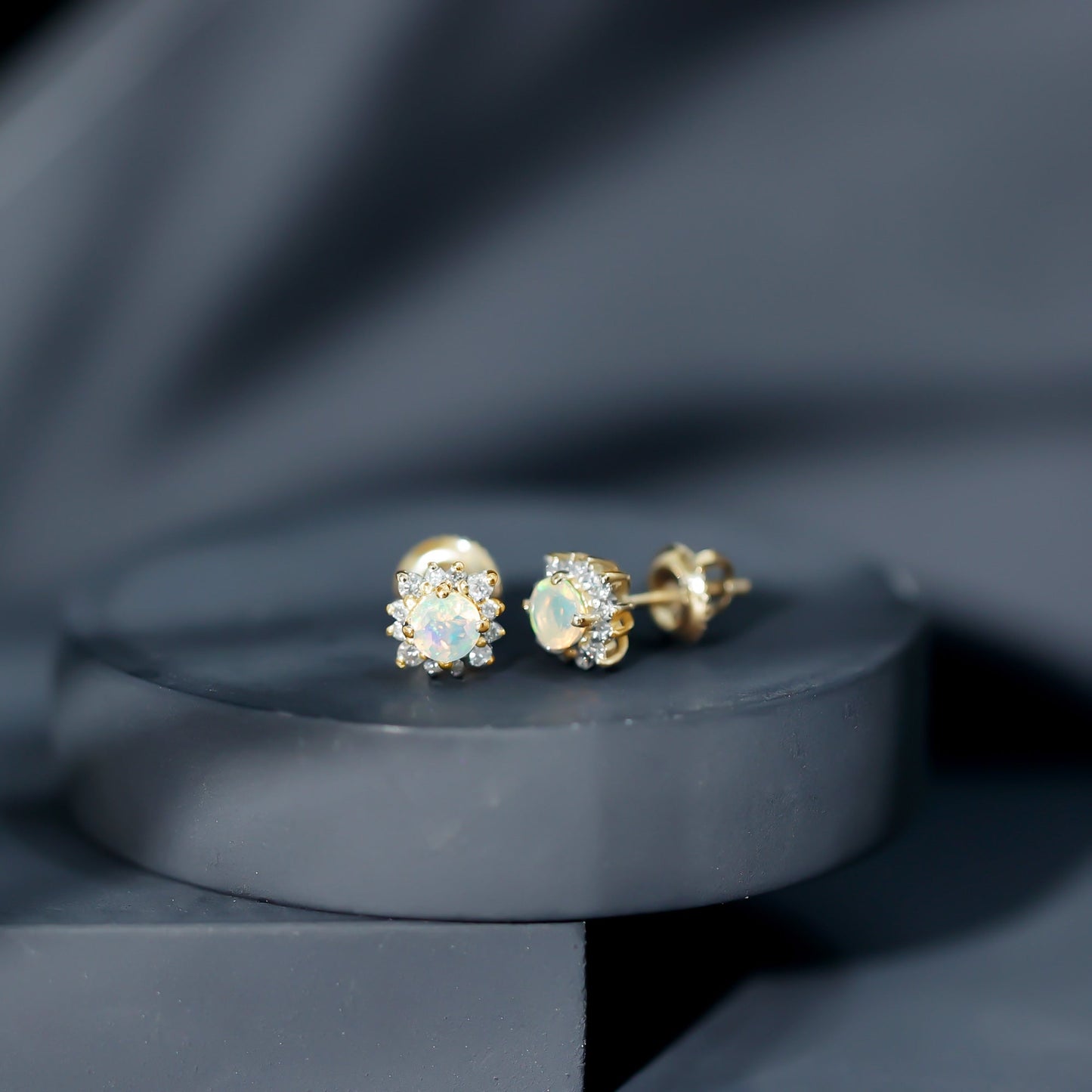 Classic Ethiopian Opal Stud Earrings with Diamond Halo