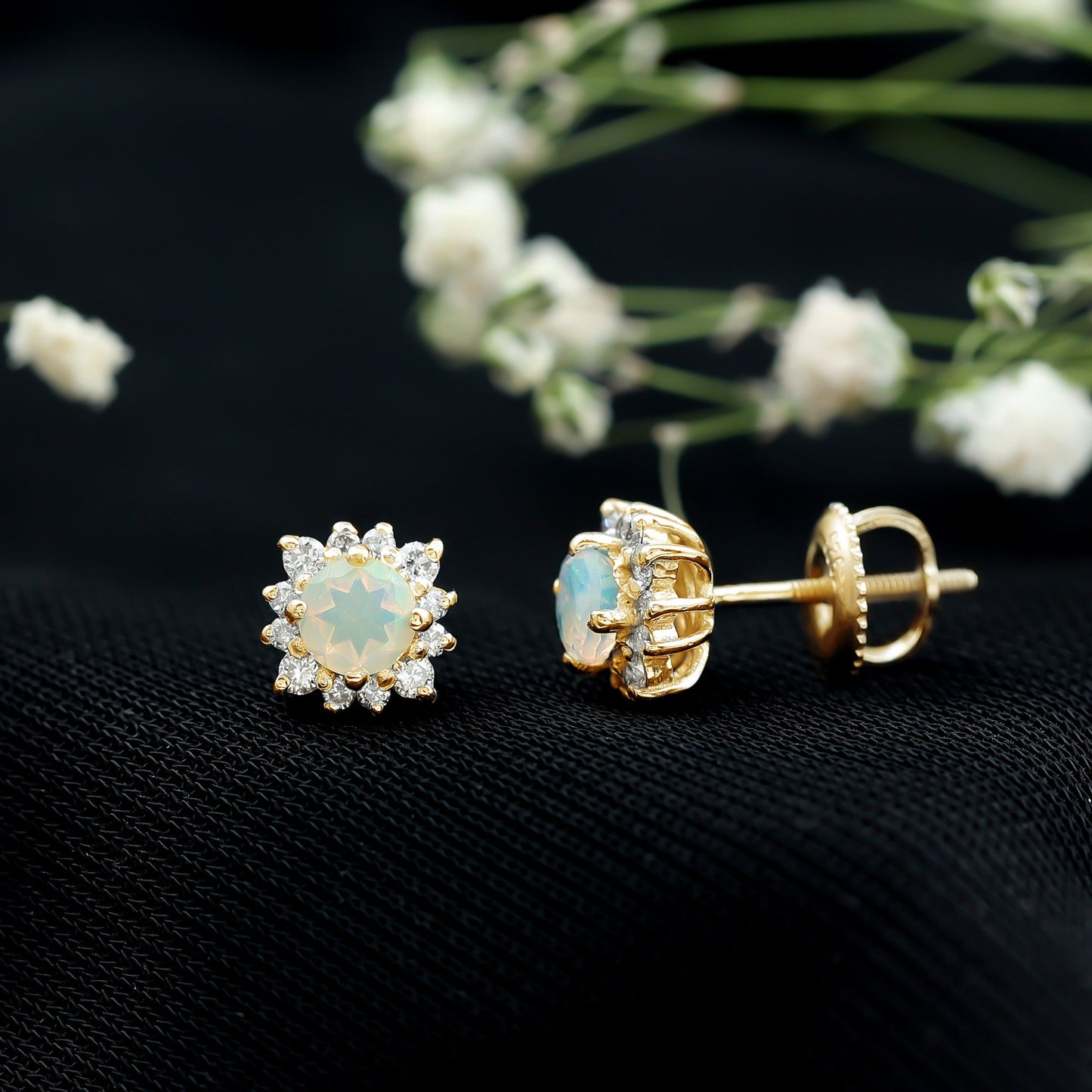 Classic Ethiopian Opal Stud Earrings with Diamond Halo