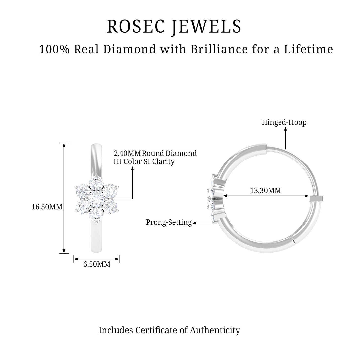Real Diamond Flower Hoop Earrings for Women
