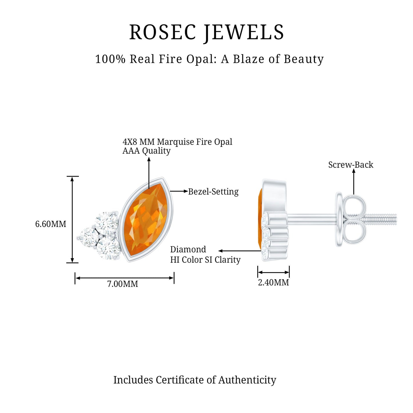 Marquise Cut Fire Opal Stud Earrings with Diamond Trio