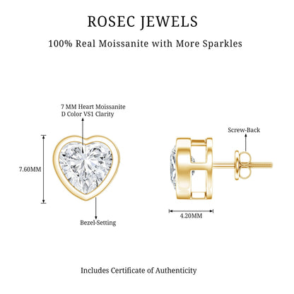 3 Carat Moissanite Heart Stud Earrings in Bezel Setting
