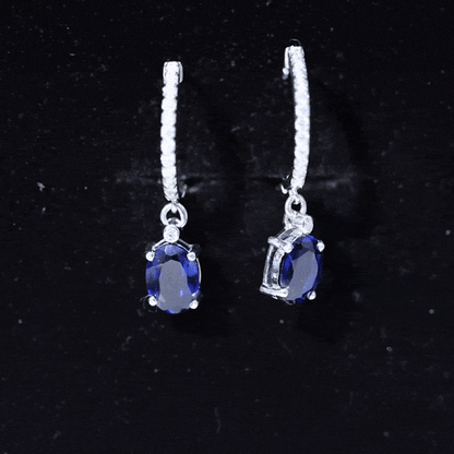 Oval Lab Created Blue Sapphire and Moissanite Hoop Drop Earrings