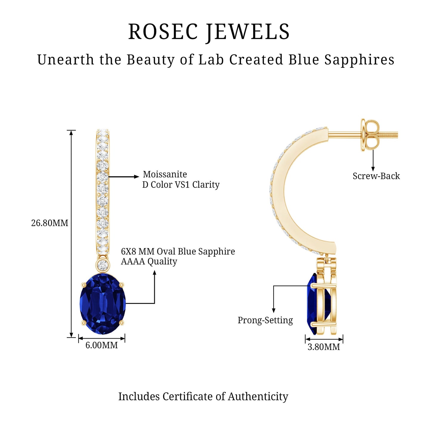 Oval Lab Created Blue Sapphire and Moissanite Hoop Drop Earrings