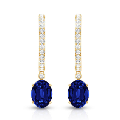 Oval Lab Created Blue Sapphire and Moissanite Hoop Drop Earrings