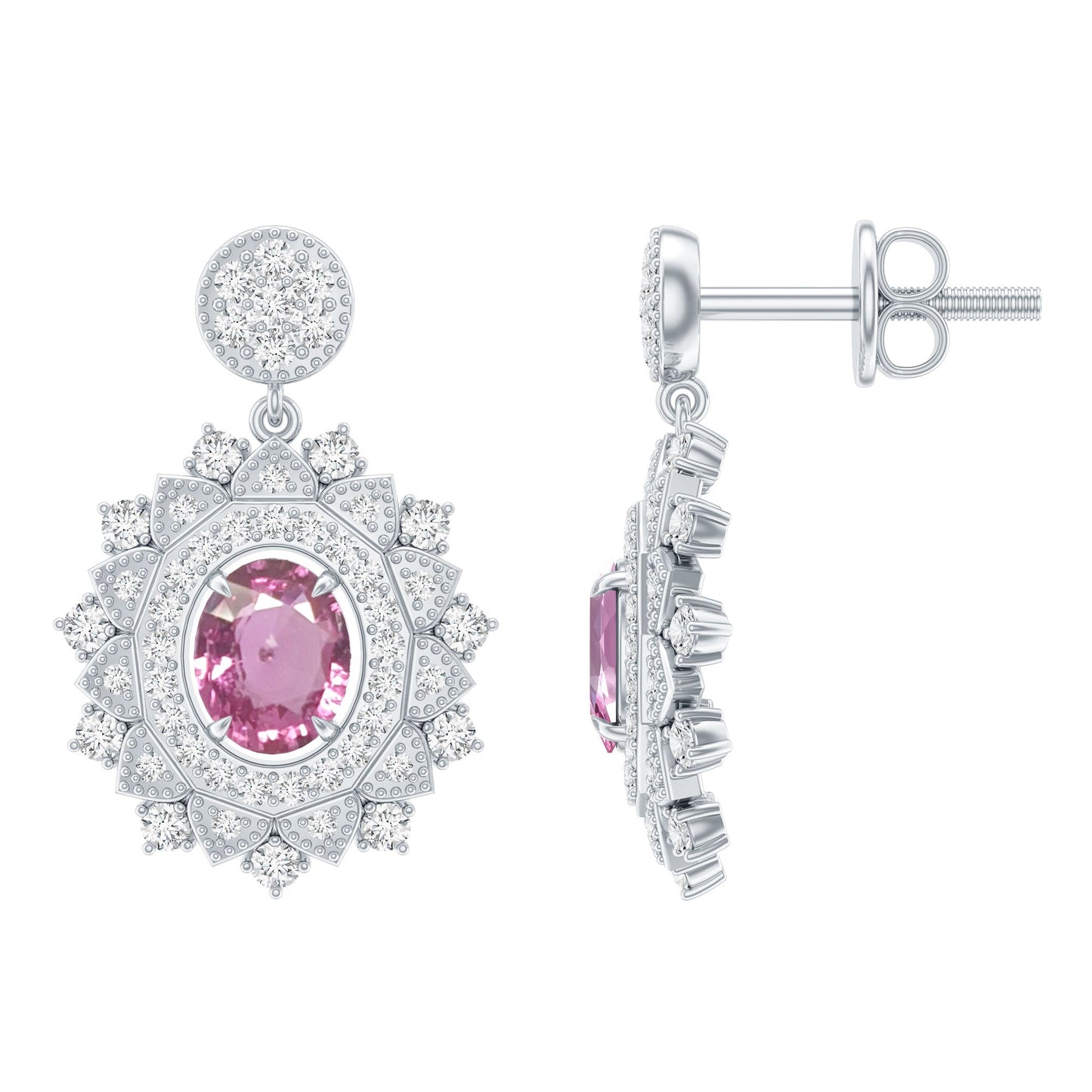Genuine Pink Sapphire and Diamond Bridal Dangle Earrings
