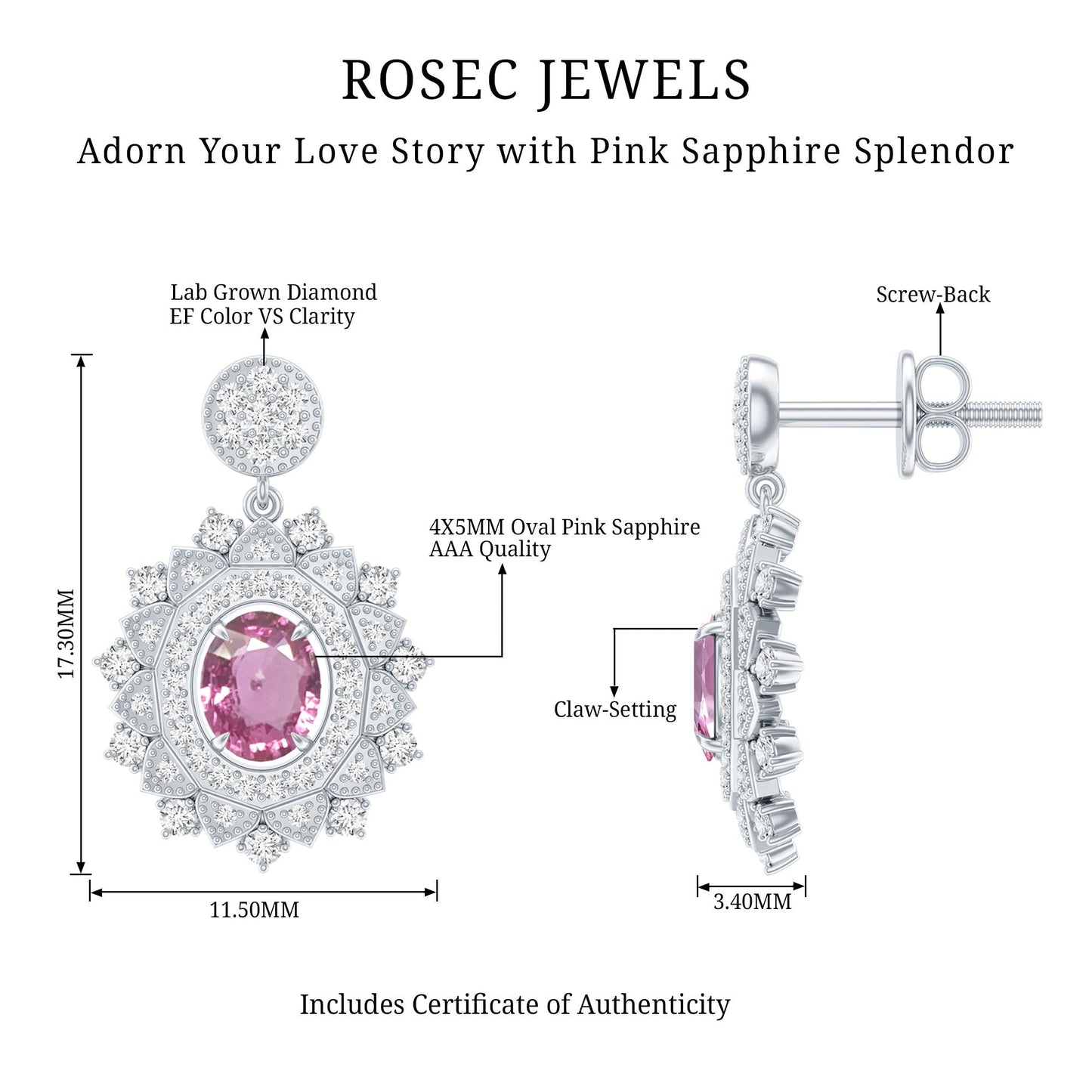 Genuine Pink Sapphire and Diamond Bridal Dangle Earrings