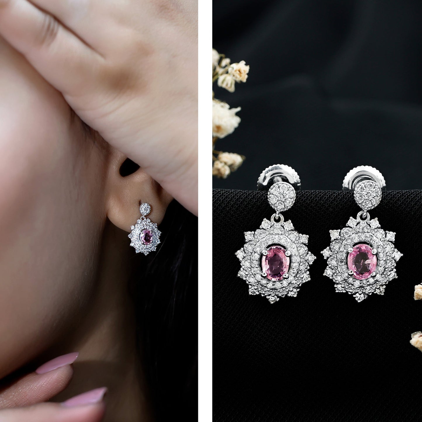 Genuine Pink Sapphire and Diamond Bridal Dangle Earrings