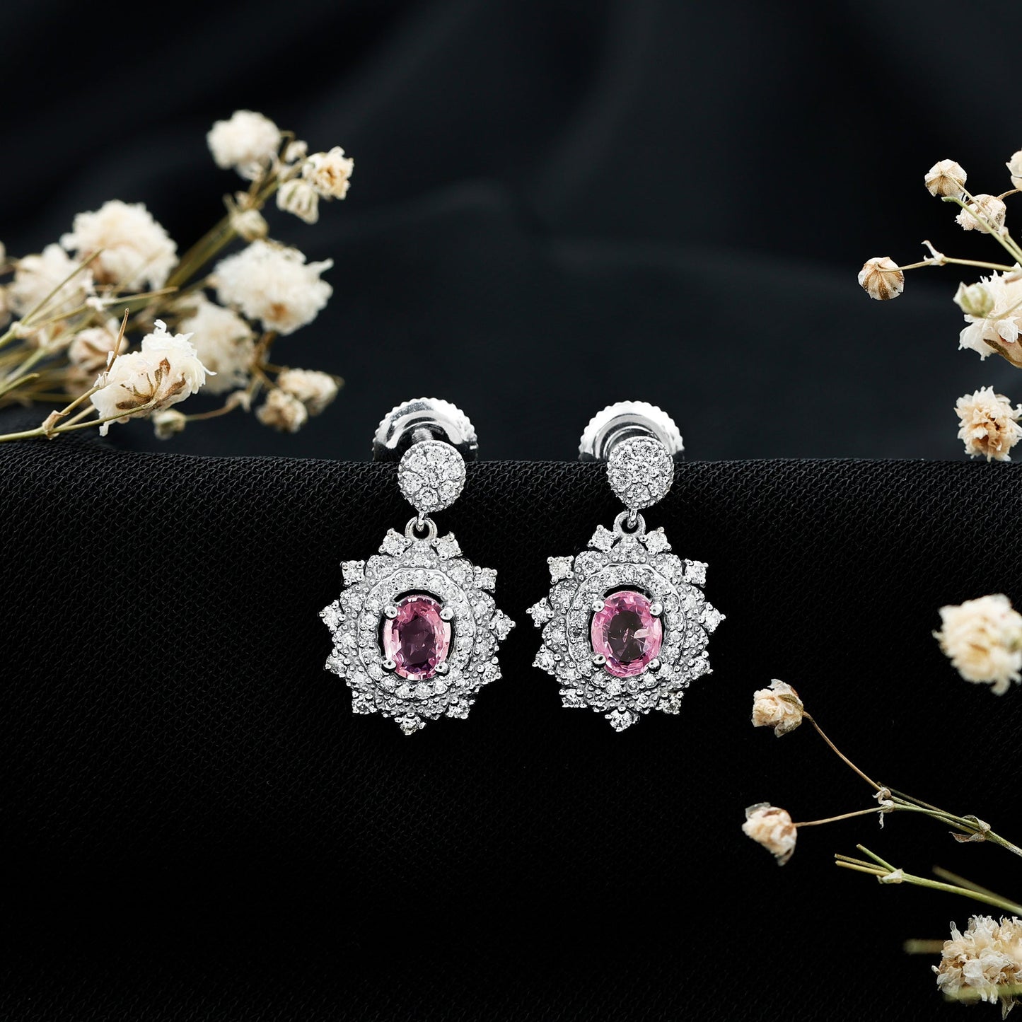 Genuine Pink Sapphire and Diamond Bridal Dangle Earrings