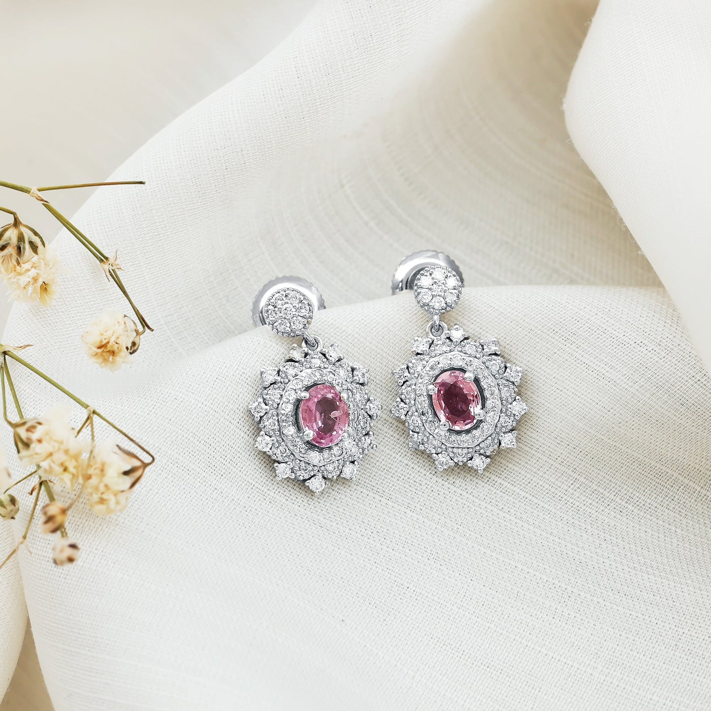 Genuine Pink Sapphire and Diamond Bridal Dangle Earrings