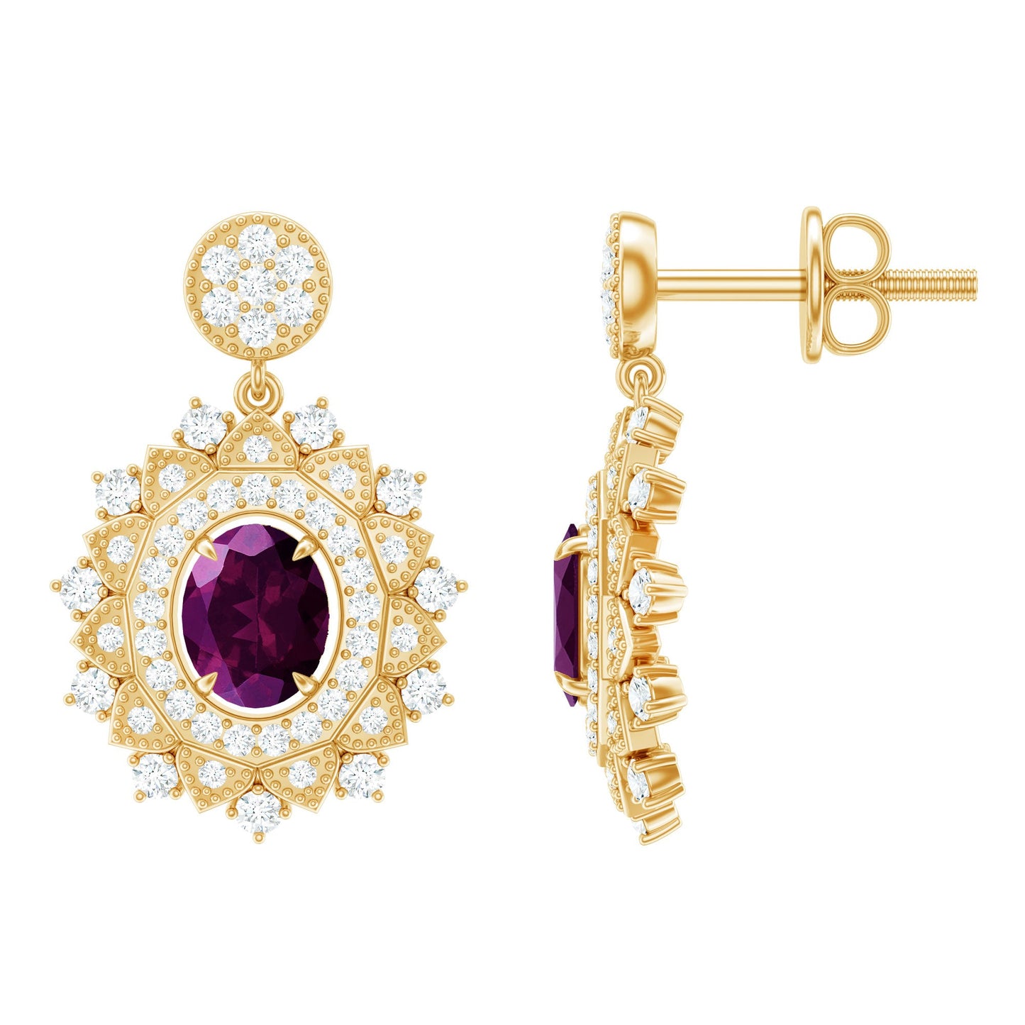 Real 0.8 Carat Rhodolite Drop Earrings with Lab Diamond for Women