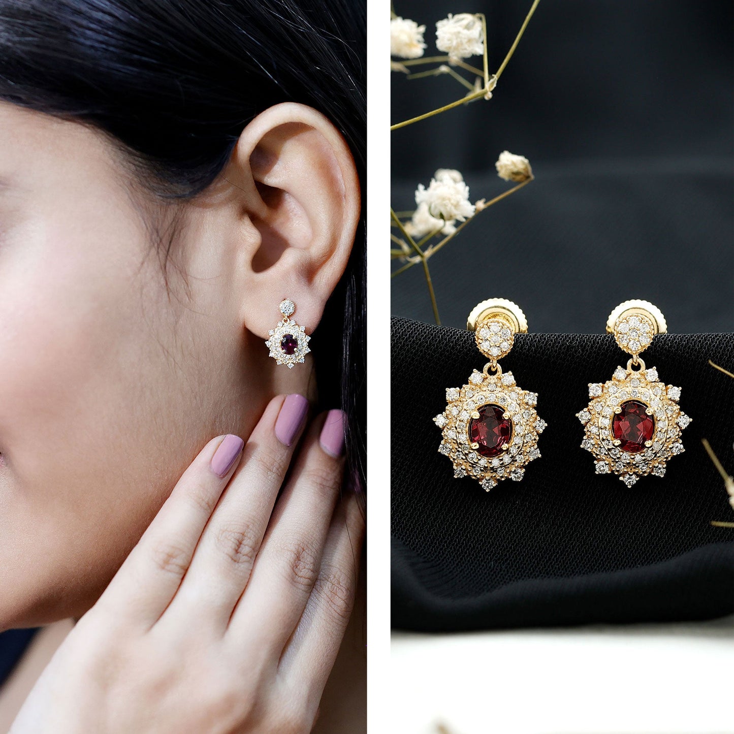Real 0.8 Carat Rhodolite Drop Earrings with Lab Diamond for Women