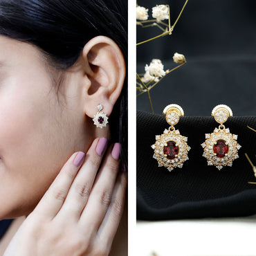Real 0.8 Carat Rhodolite Drop Earrings with Lab Diamond for Women