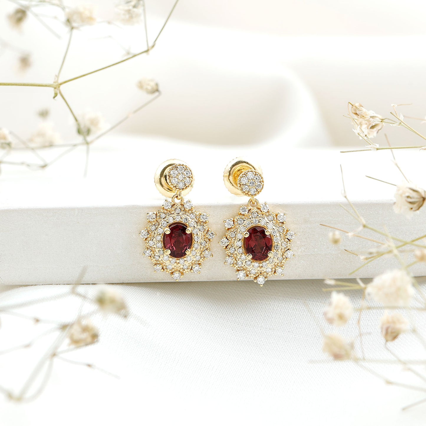 Real 0.8 Carat Rhodolite Drop Earrings with Lab Diamond for Women
