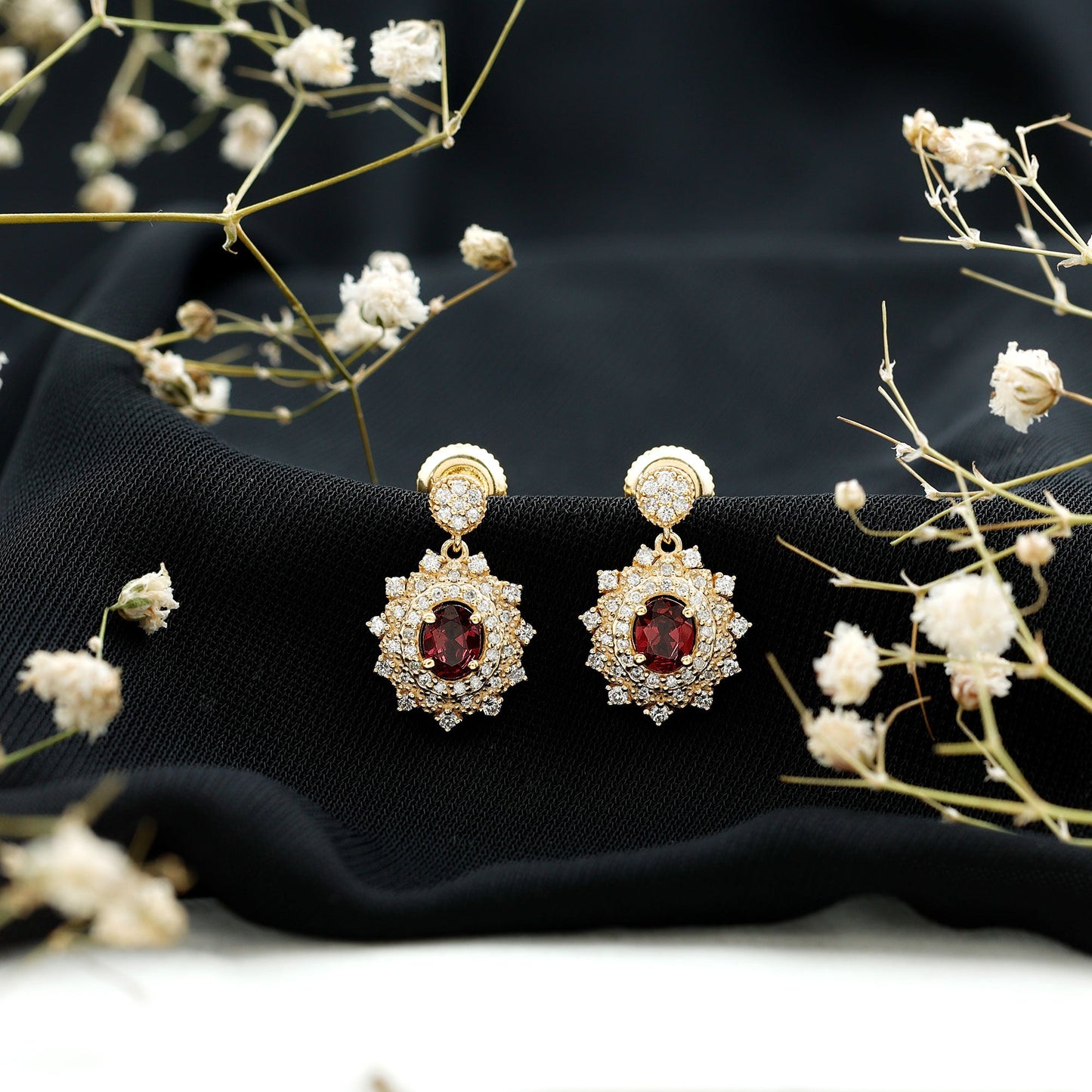 Real 0.8 Carat Rhodolite Drop Earrings with Lab Diamond for Women