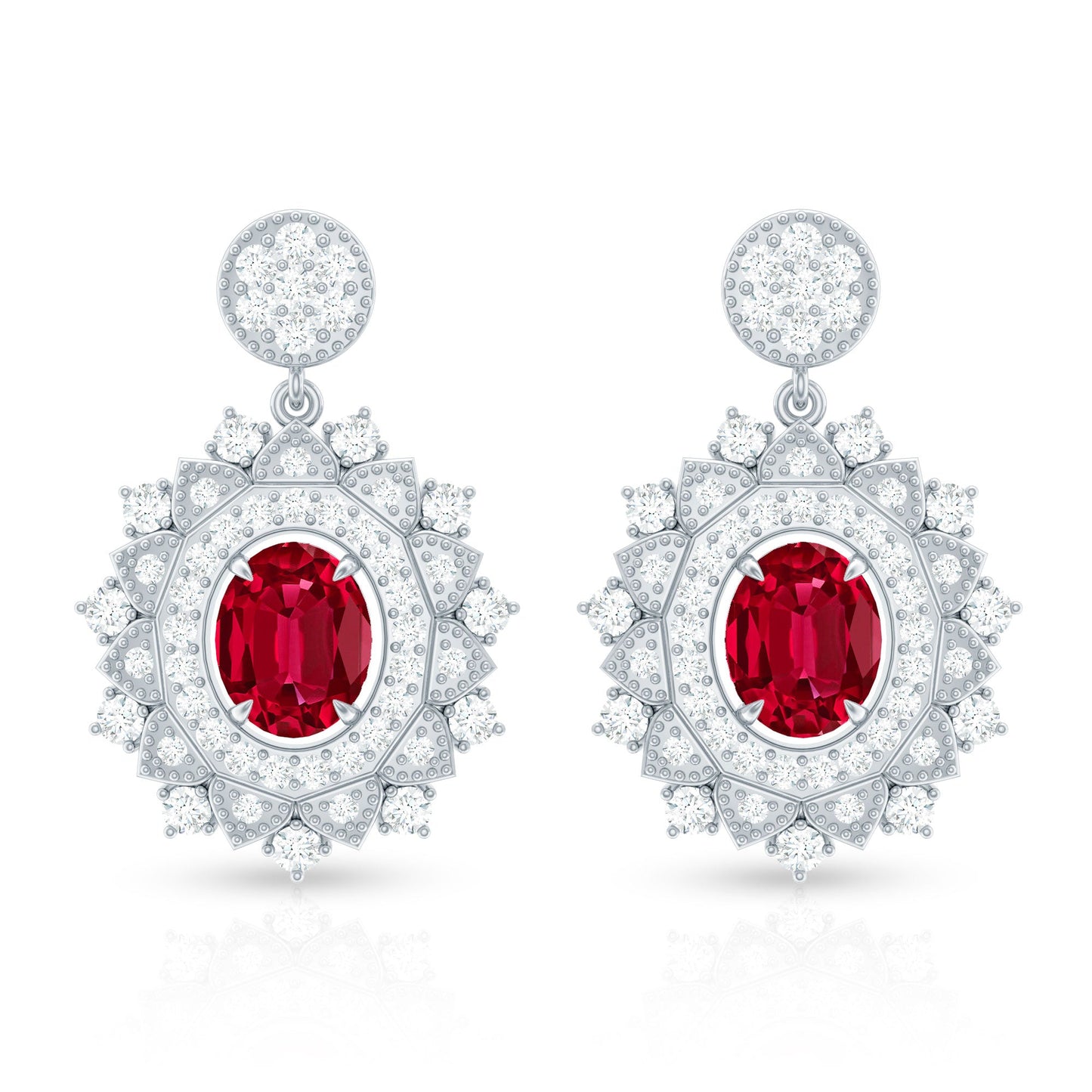 Vintage Lab Created Ruby Bridal Drop Earrings with Diamonds
