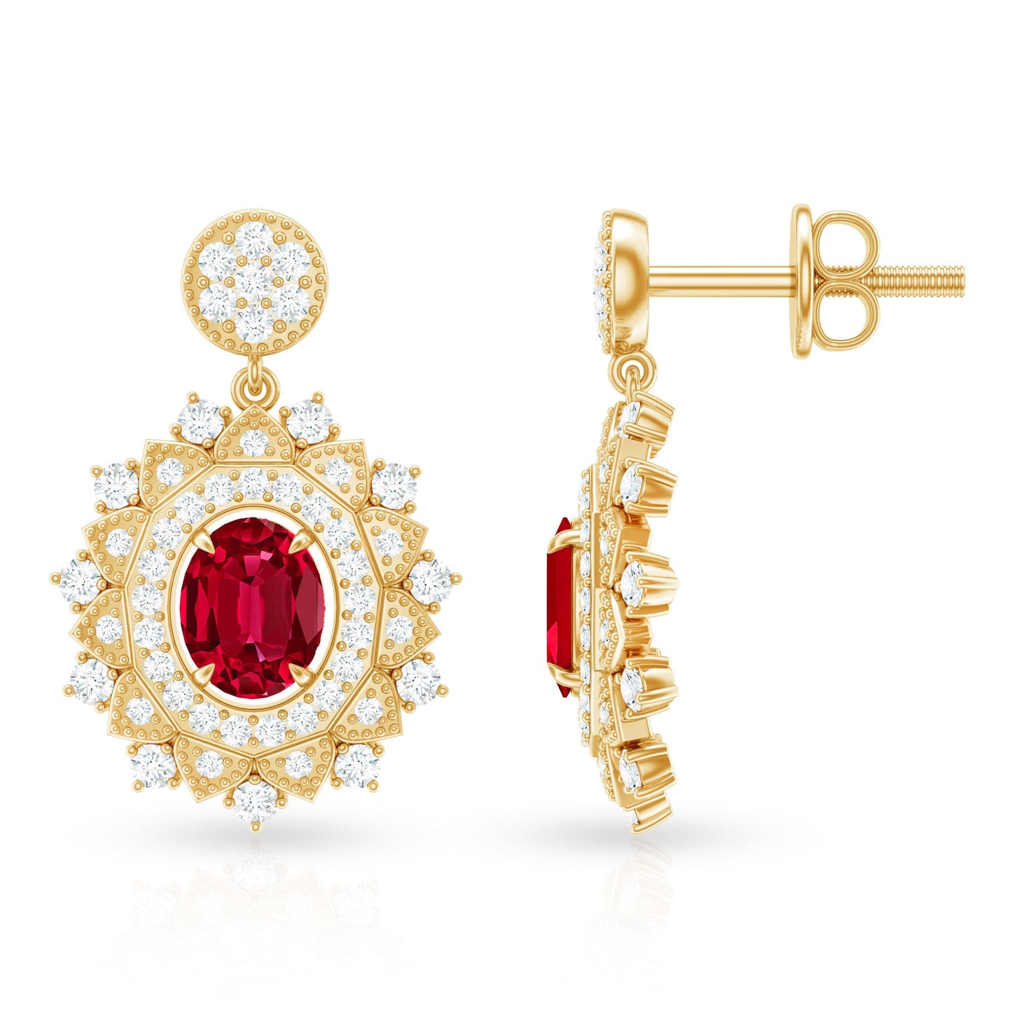 Vintage Lab Created Ruby Bridal Drop Earrings with Diamonds