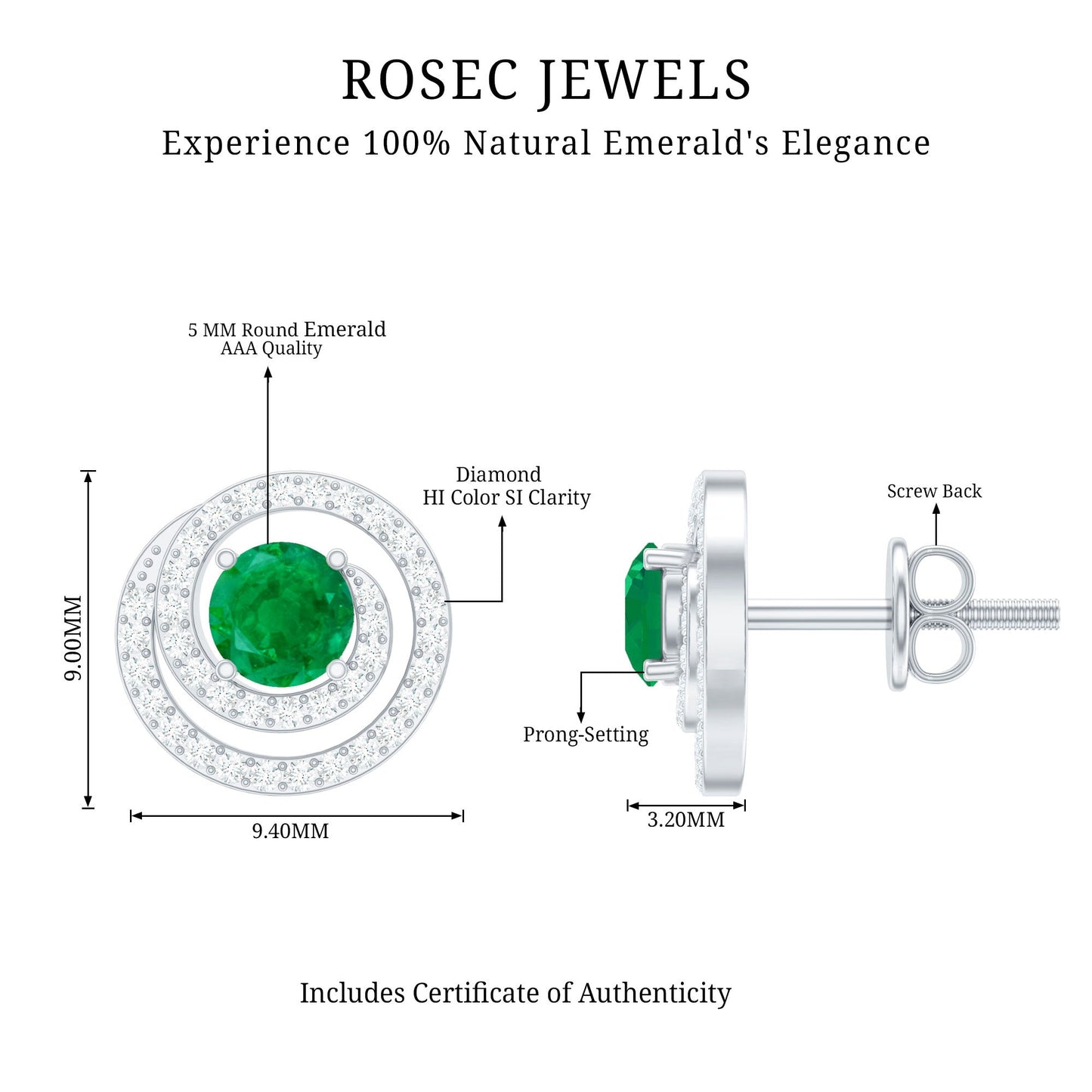 Natural Emerald Diamond Swirl Earrings with Screw Back