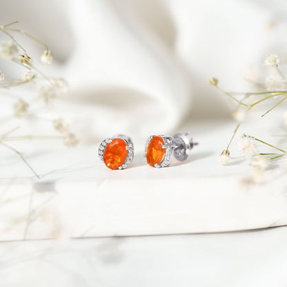 Orange Fire Opal Solitaire Stud Earrings with Diamond