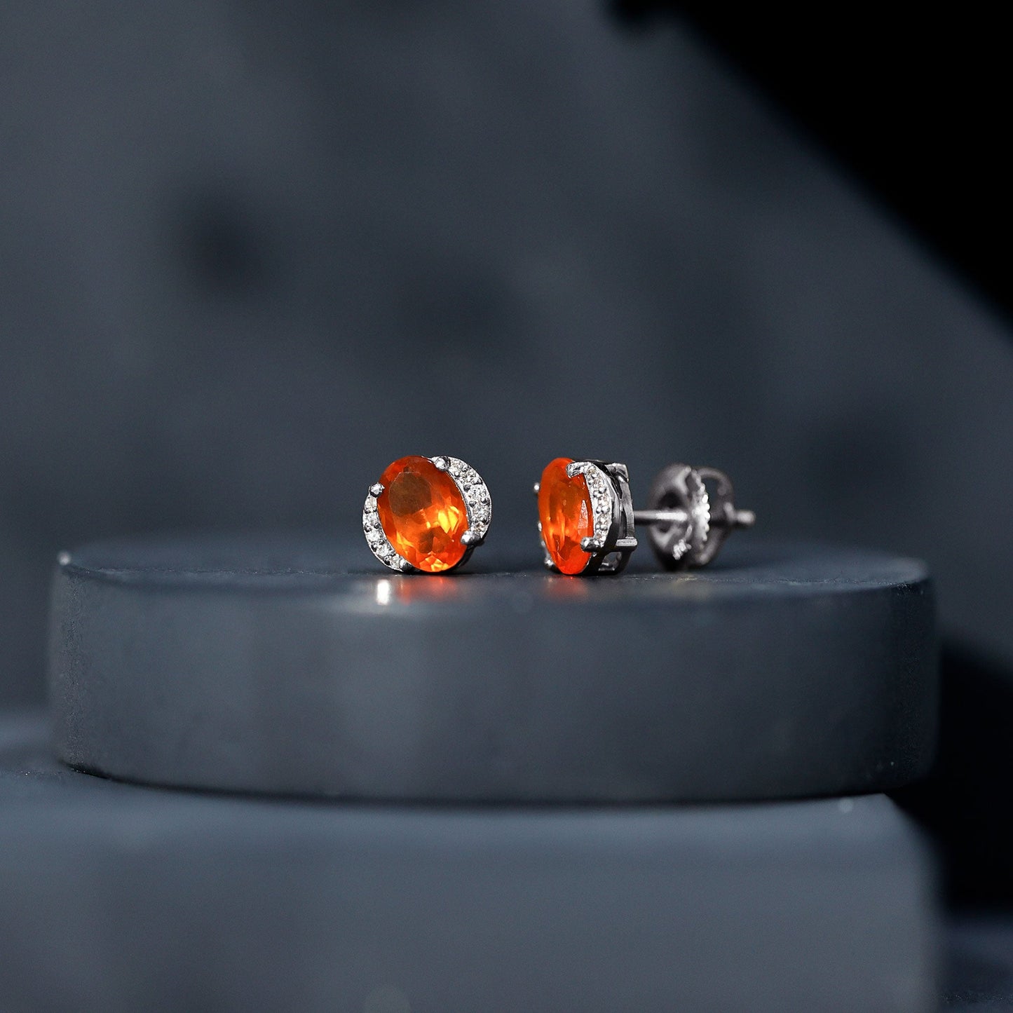Orange Fire Opal Solitaire Stud Earrings with Diamond