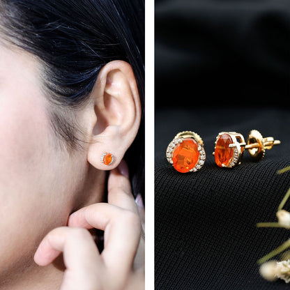 Orange Fire Opal Solitaire Stud Earrings with Diamond