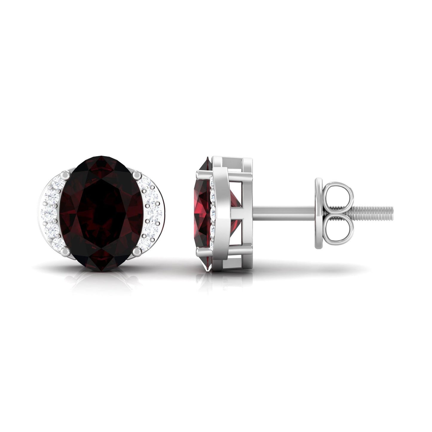 Oval Garnet Solitaire Stud Earrings with Diamond