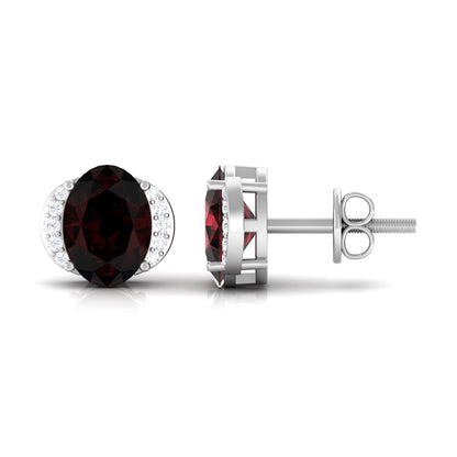 Oval Garnet Solitaire Stud Earrings with Diamond