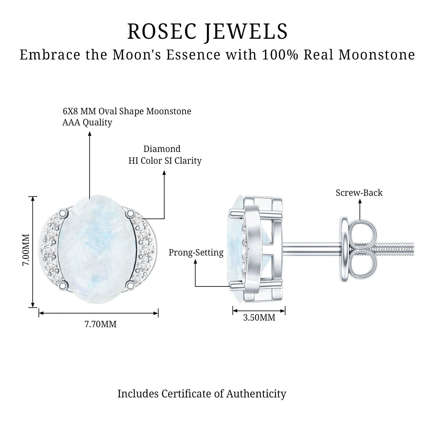 1.2 Carat Oval Moonstone Solitaire Stud Earrings with Diamond