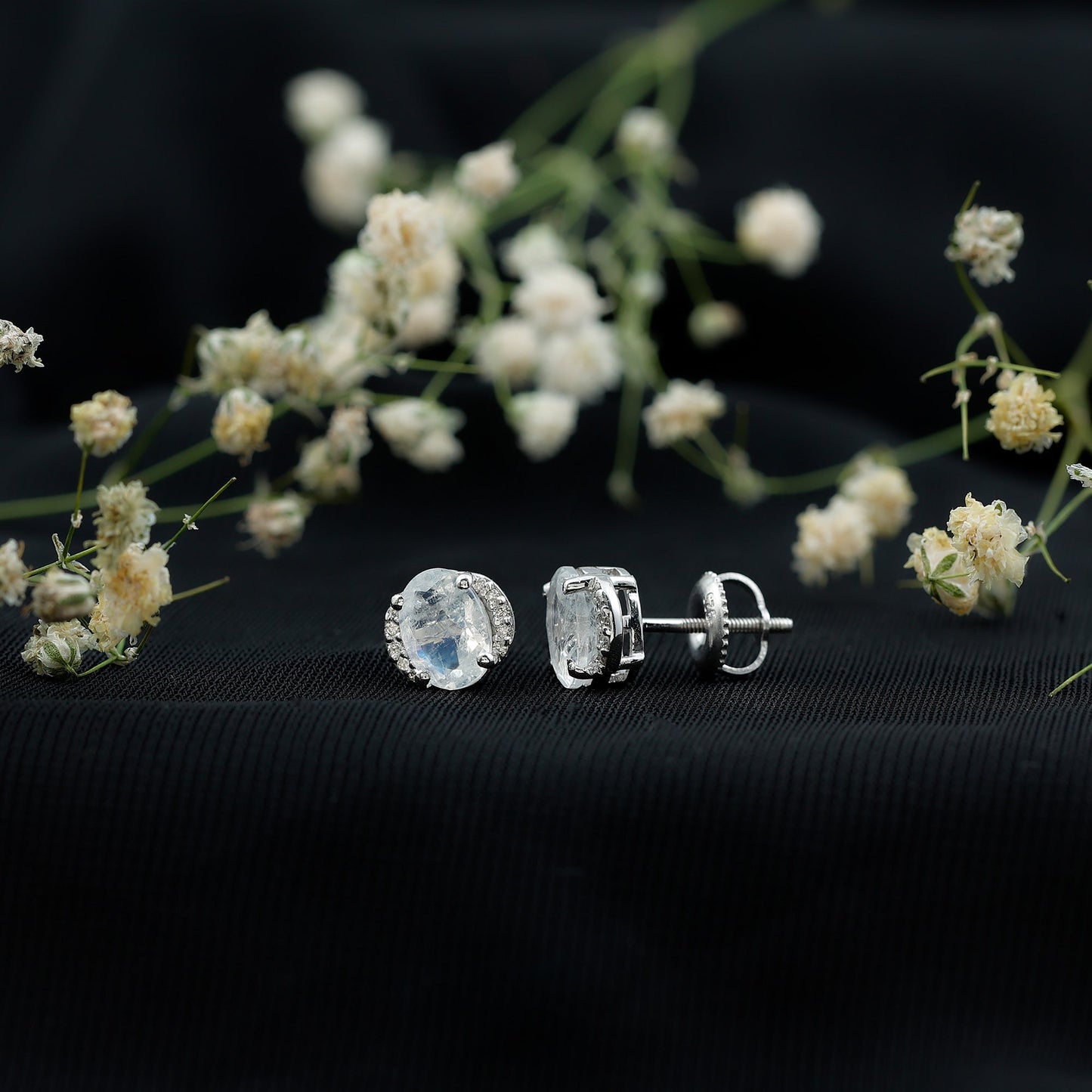 1.2 Carat Oval Moonstone Solitaire Stud Earrings with Diamond