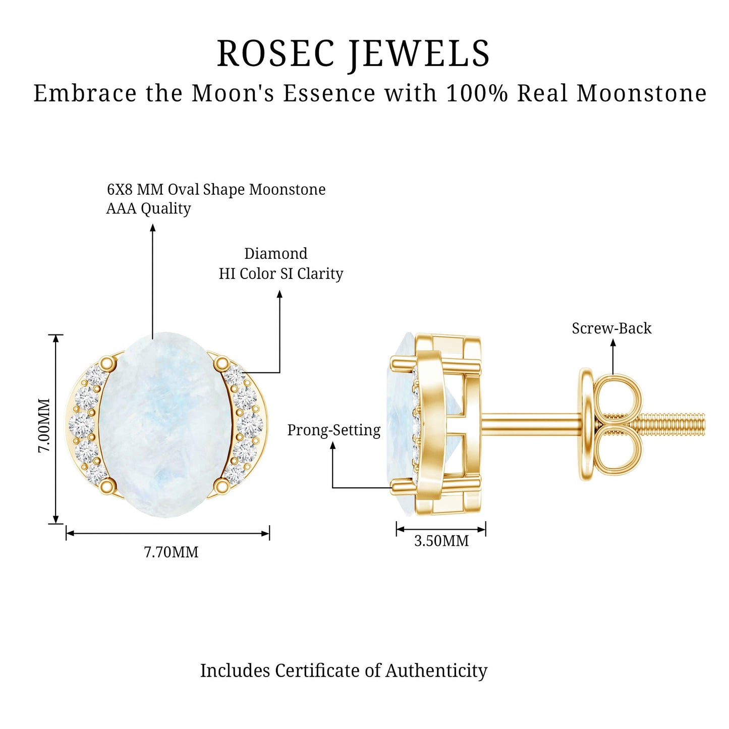 1.2 Carat Oval Moonstone Solitaire Stud Earrings with Diamond