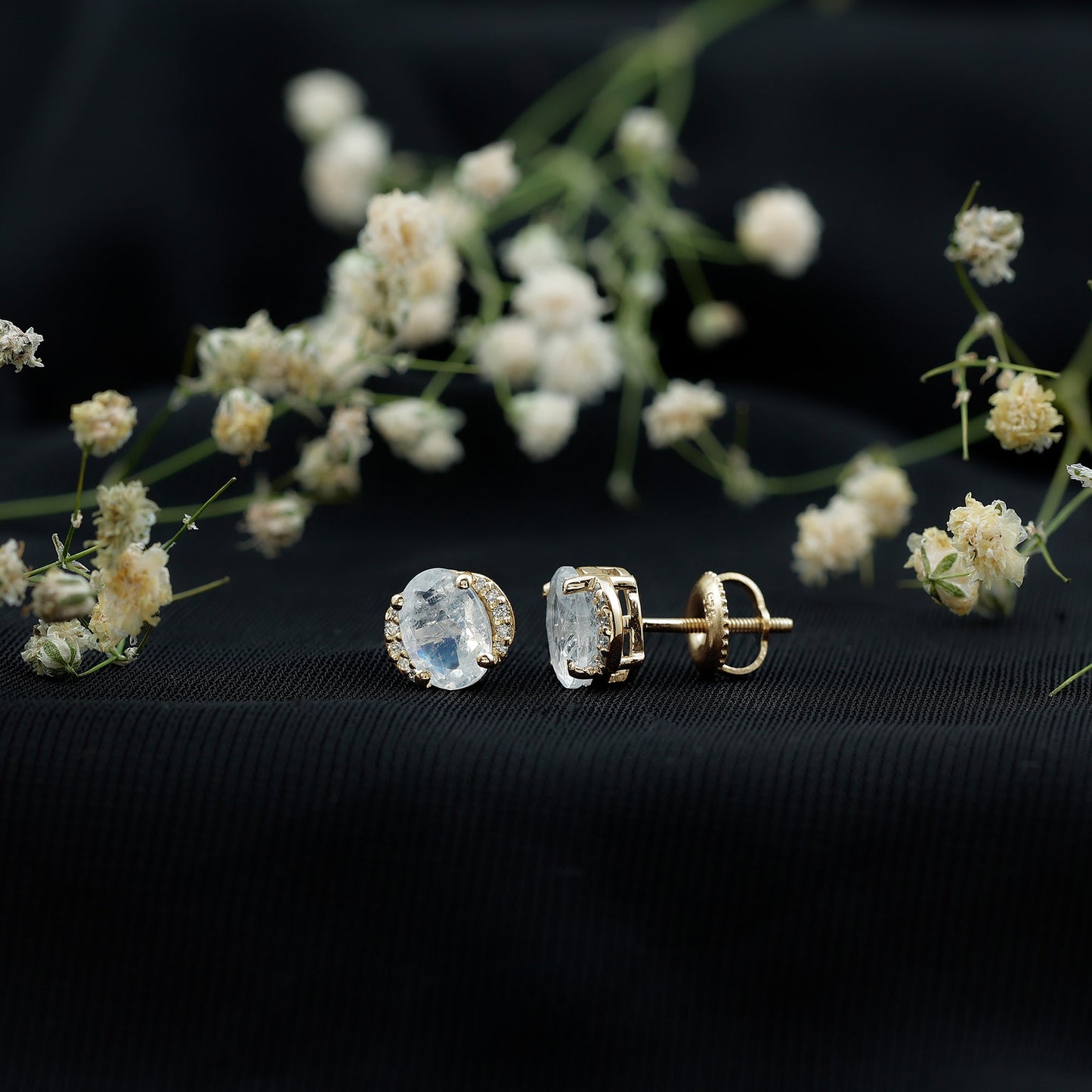 1.2 Carat Oval Moonstone Solitaire Stud Earrings with Diamond