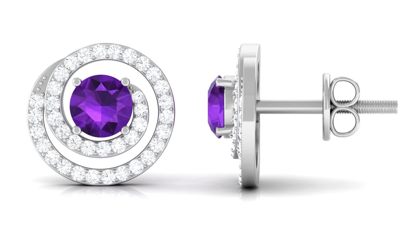 Natural Amethyst Diamond Swirl Earrings with Screw Back