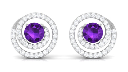 Natural Amethyst Diamond Swirl Earrings with Screw Back