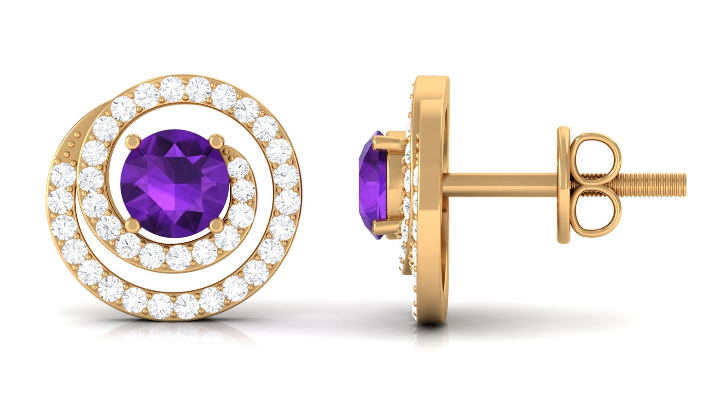 Natural Amethyst Diamond Swirl Earrings with Screw Back