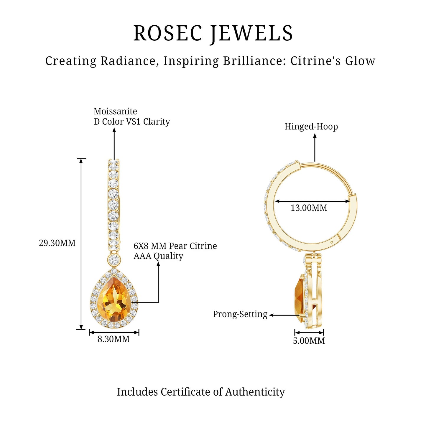 Natural Citrine Teardrop Earrings with Hinged Hoop